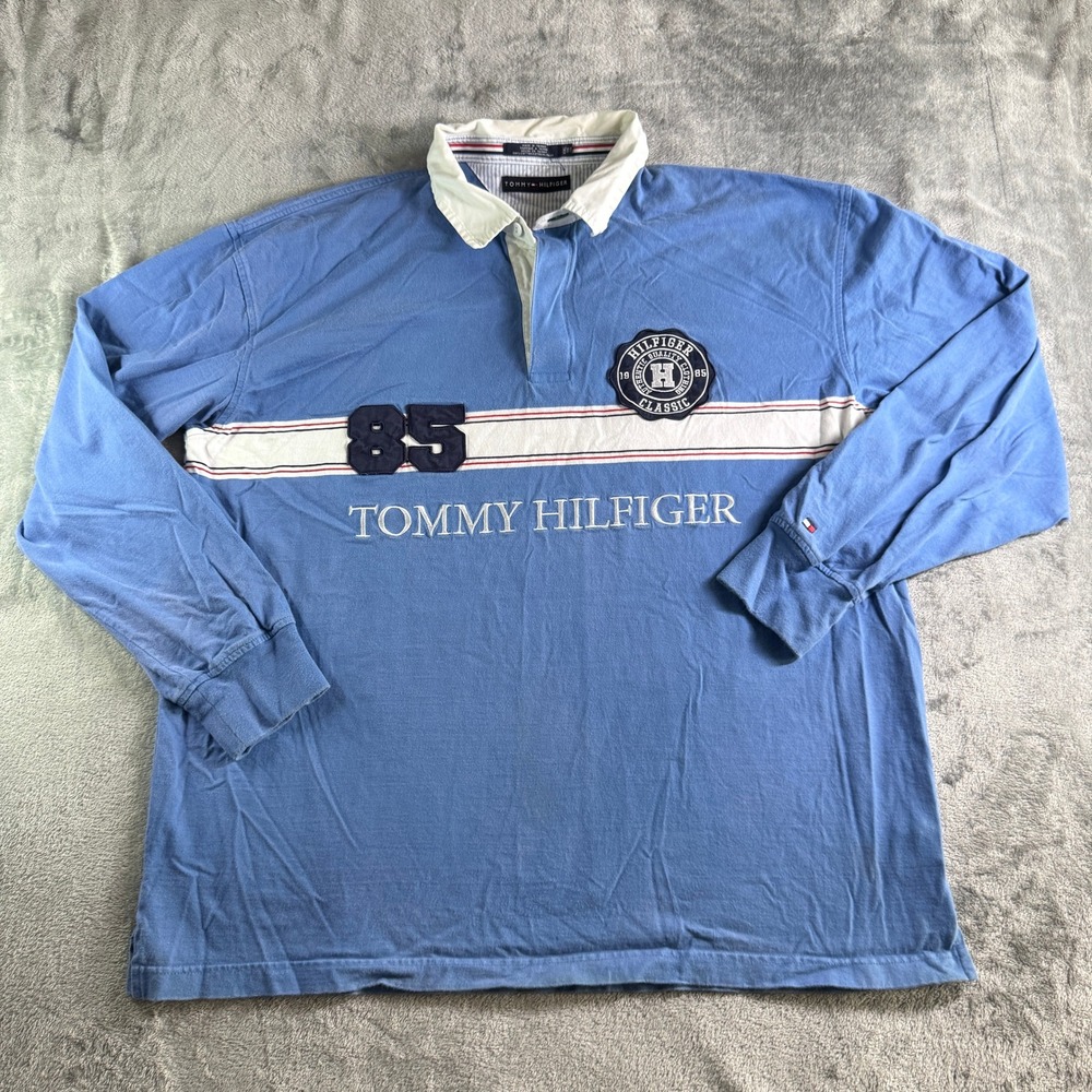 VTG Tommy Hilfiger Rugby Long Sleeve Mens Preppy XXL Blue